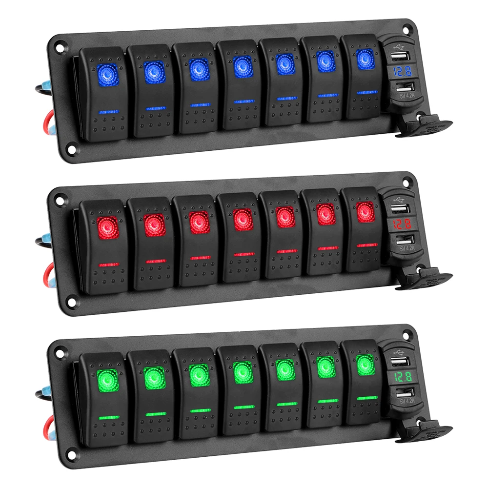 

Car Truck Bus Ship Marine Circuit Breaker 7 Gang Rocker Switch Panel Dual USB Chargers Digital Voltmeter DC 12V/24V