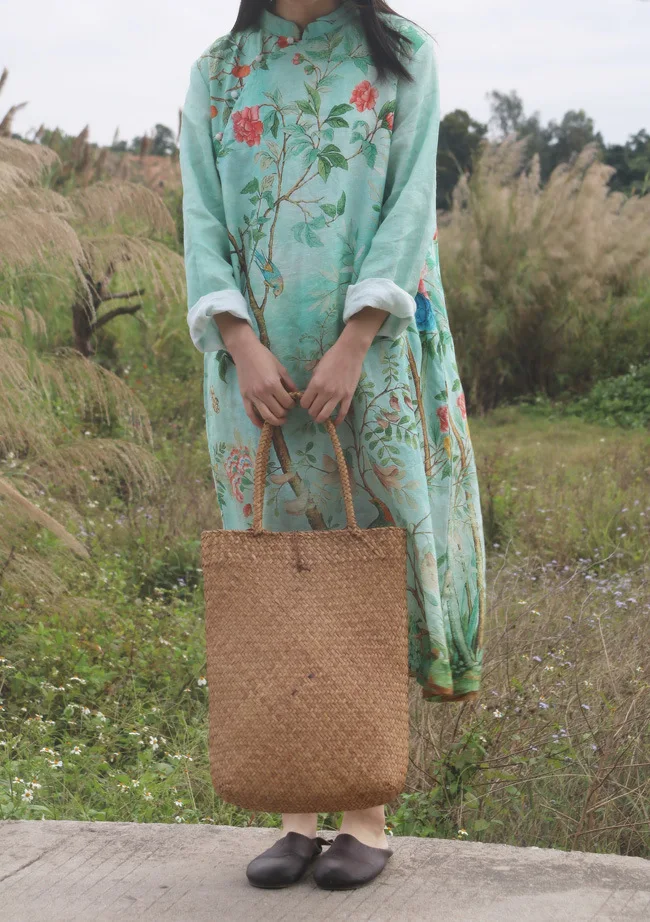 Ретро лягушка пуговицы стоячий воротник цветок дерево птица чистый рами льняное