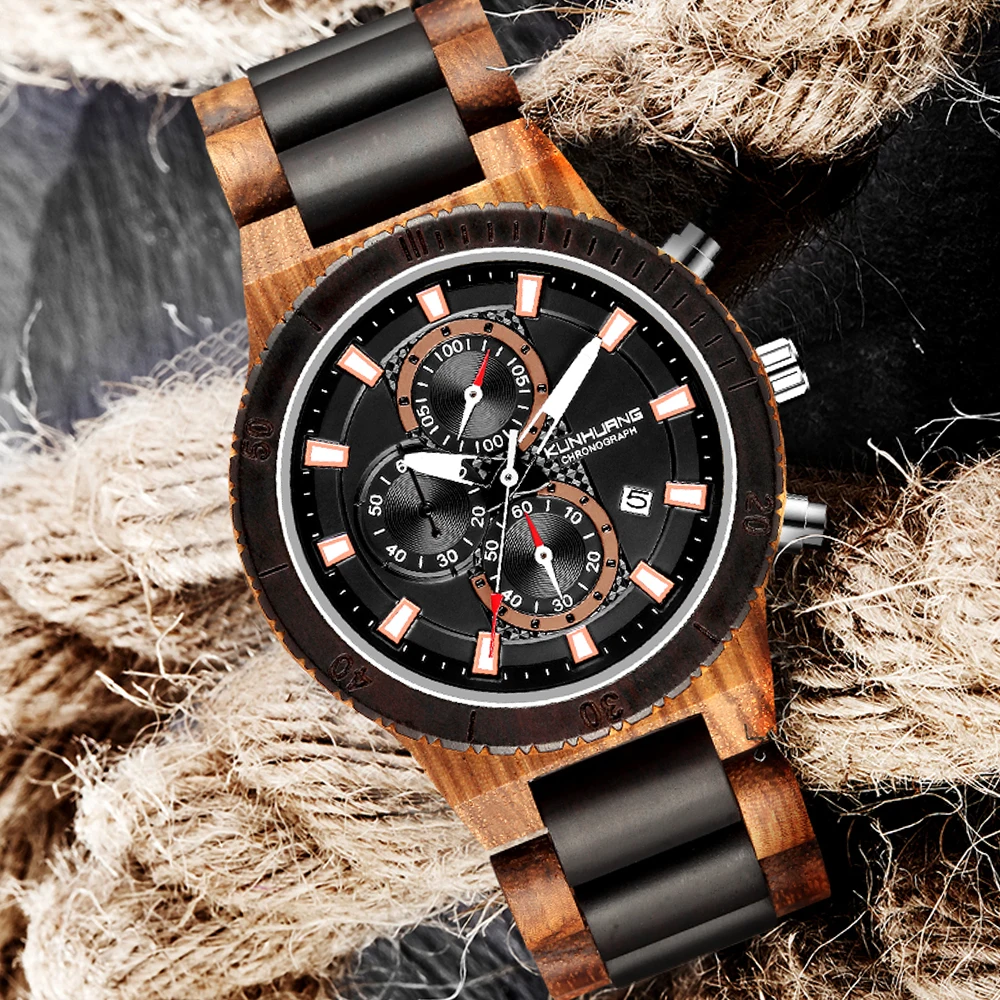 

Wooden Watch Men erkek kol saati KUNHUANG Luxury Stylish Wood Timepieces Chronograph Military Quartz Watches in Wood Gift Box