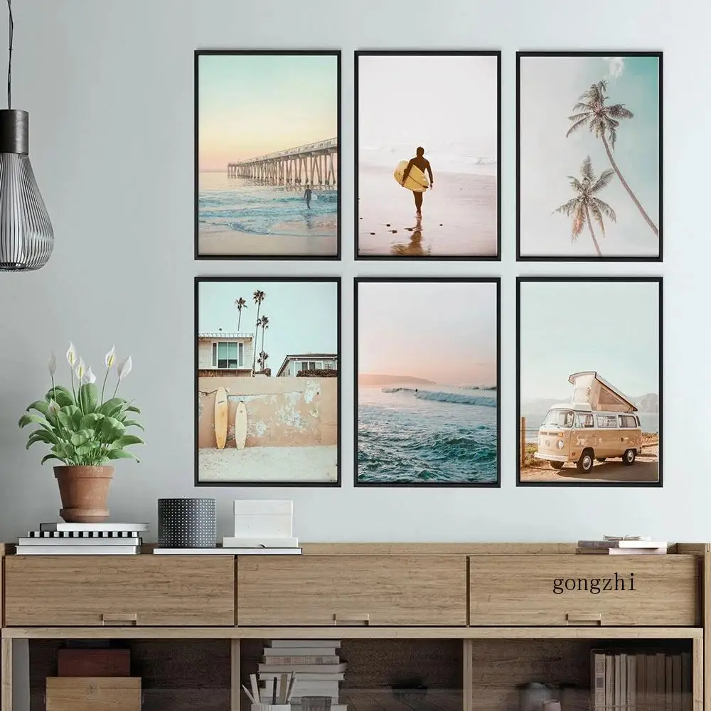 Пляжный автобус скандинавский Бережный океан Viewscape Картина на холсте скандинавский стиль доска для серфинга настенное искусство картина домашний декор