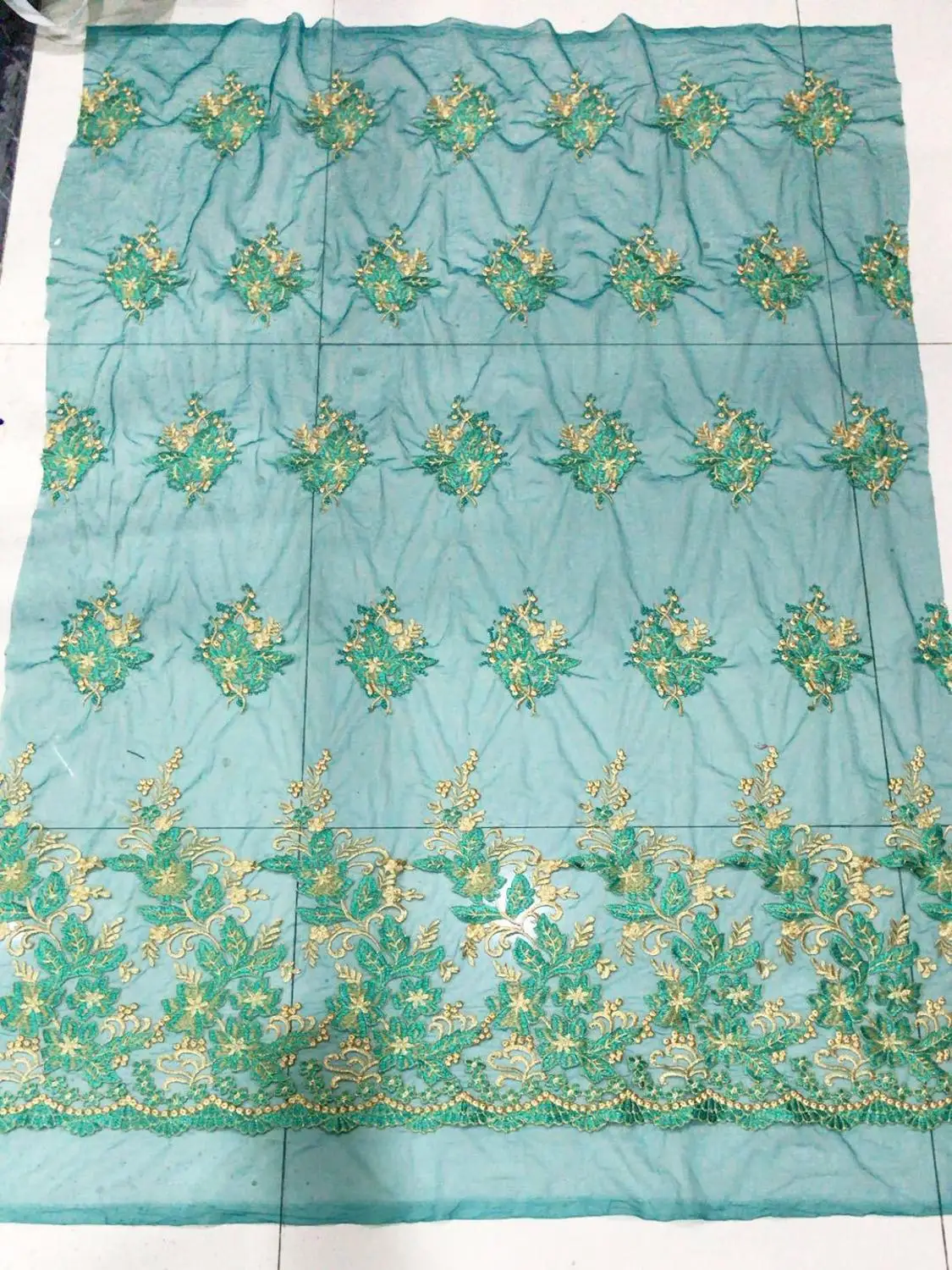 

1yard 135cm blue vintage mesh gold thread embroidered flower fabric African French lace fabric diy wedding dress Sewing material