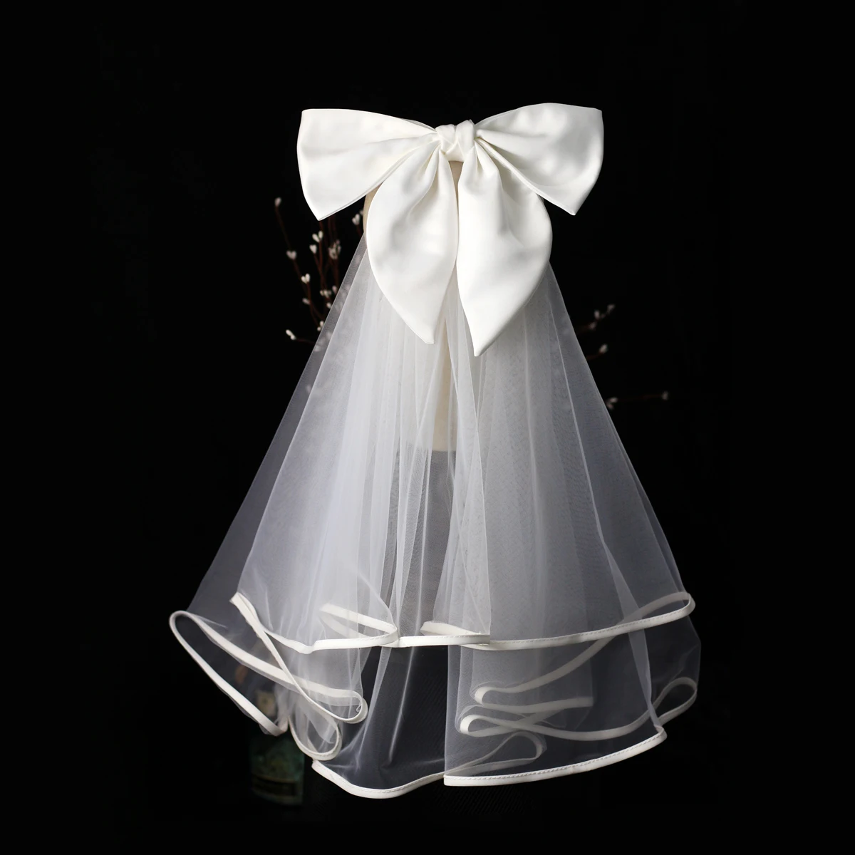 

NZUK Ribbon Edge Elbow Length Marriage Bride Veil Soft Tulle Satin Bowknot 2-Layer Wedding Veil with Comb brides