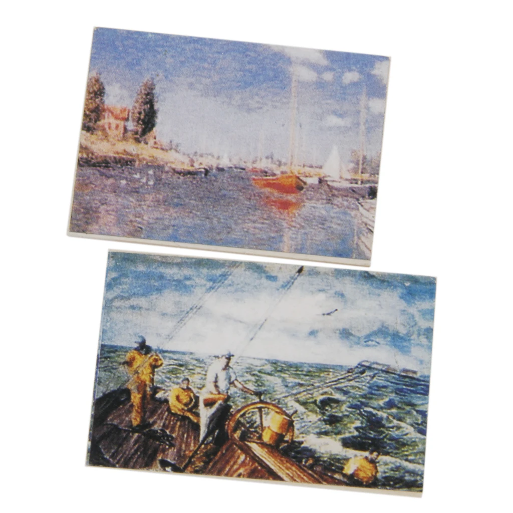 

1:12 Dollhouse Miniature Artist Easel 2 Paintings Pictures Port & Seascape