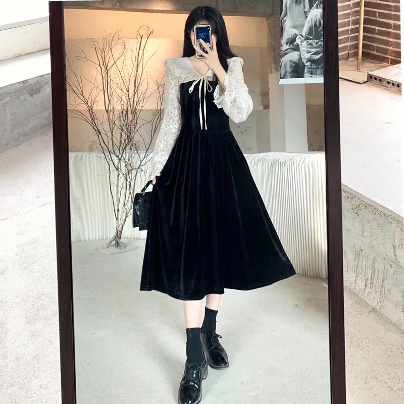 

Женская одежда больших размеров, новое модное повседневное Черное длинное платье с длинным рукавом и кружевом, 4XL