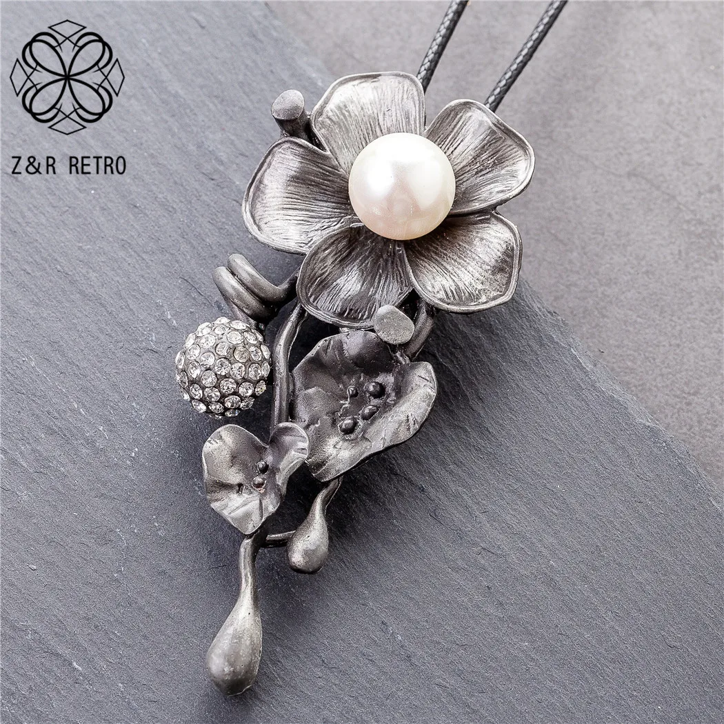 Flower Pendants Long Necklace for Women Vintage Jewelry White Beads Suspension Goth Chains Chokers Wholesale Jewellery 2021 New | Украшения