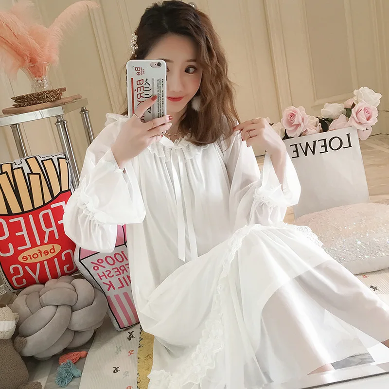 Fairy Palace Nightdress Spring Autumn Long Dress Retro Princess Style Cotton Long Sleeve Lace Nightgown Sexy Sleepwear Nightwear