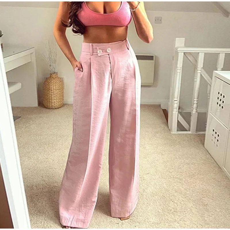 

2021 Summer Pink Wide Leg High Waist Pants Straight Elegant Office Ladies Trousers Autumn Women's Casual Clothes for Female