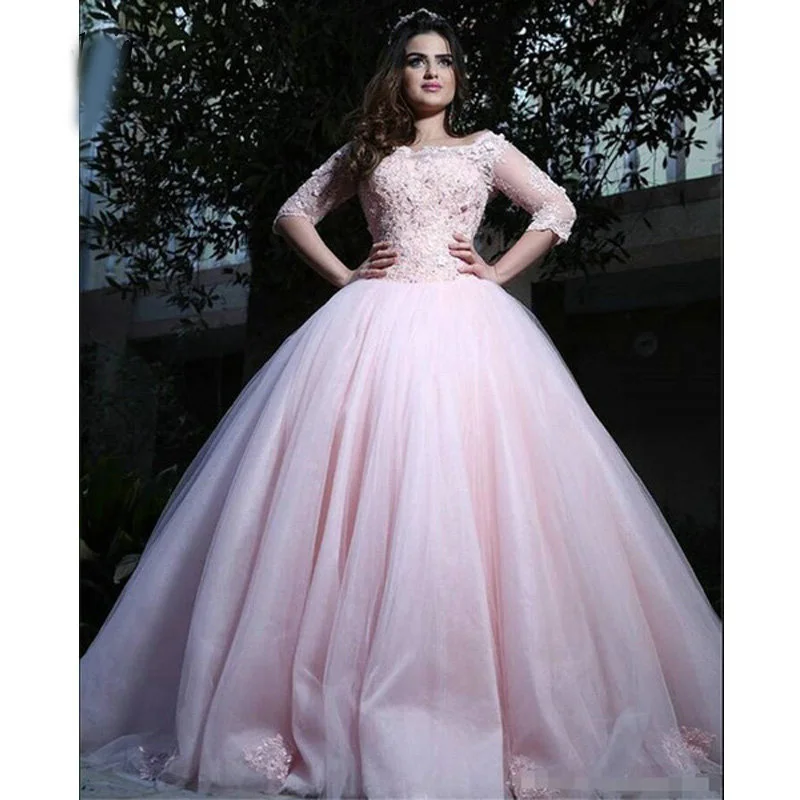 Pink Boat Neck Princess Ball Gown Quinceanera Dresses Half Sleeves Appliques Lace Arabic Sweet 16 Debutante Prom Party Dresses