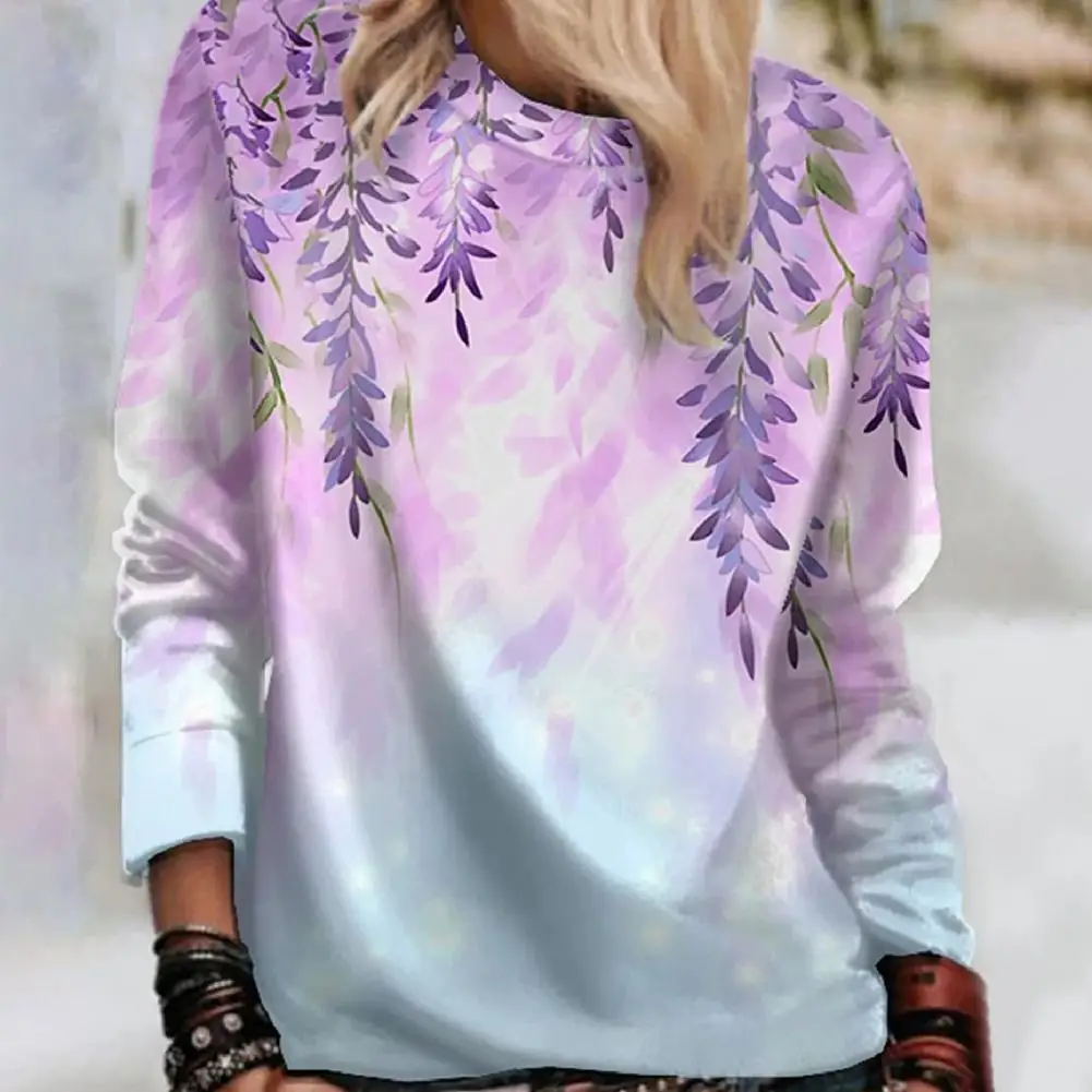 

5 Sizes Beautiful Long Sleeve Crewneck Pullover Polyester Casual T-Shirts Leaf Print Streetwear