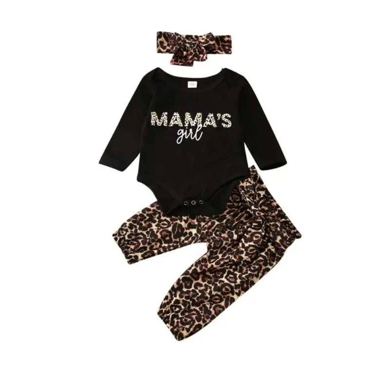 

Baby Girl Leopard 3PCS Outfit Mama's girl Romper Pants Headband Newborn Clothes
