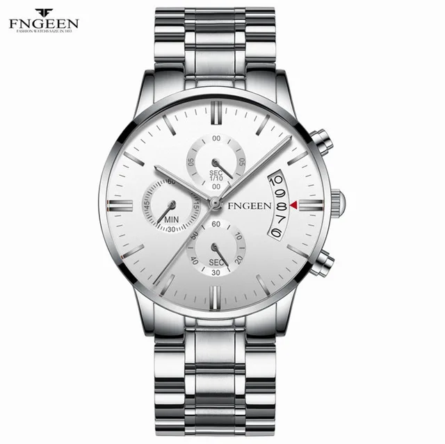 Silver white FNGEEN кварцевые часы для мужчин бизнес водонепроницаемые Авто часы с датой мужские роскошные мужские светящиеся наручные часы Reloj Hombre - Цвет: Silver white