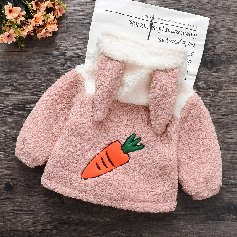 

Girls Hooded Coat Lambswool Coat Carrot Print Fall And Winter Clothes New Baby Rabbit Ear Thick clothing