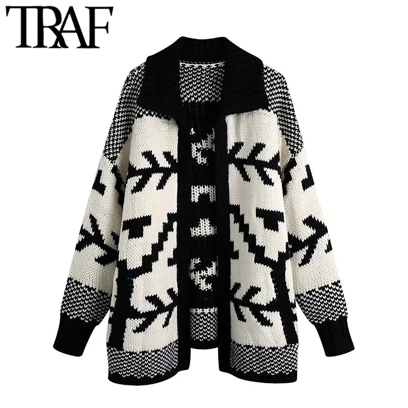 

TRAF Women Fashion Loose Jacquard Open Knit Cardigan Sweater Vintage Long Sleeve Ribbed Trims Female Outerwear Chic Tops