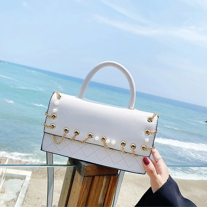 

Pearl Embellish Chain Woven Crossbody Bags For Women 2021 Diamond Lattice PU Leather Shoulder Handbag Ladies Purses and Handbags