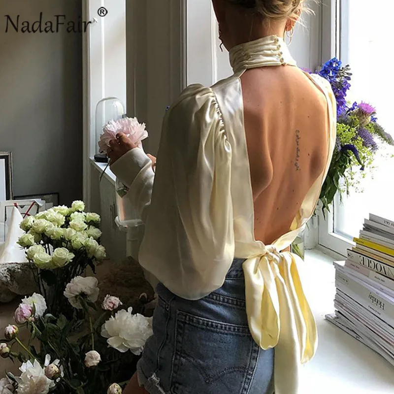 Женская атласная блузка Nadafair с высоким воротом длинным рукавом открытой спиной и