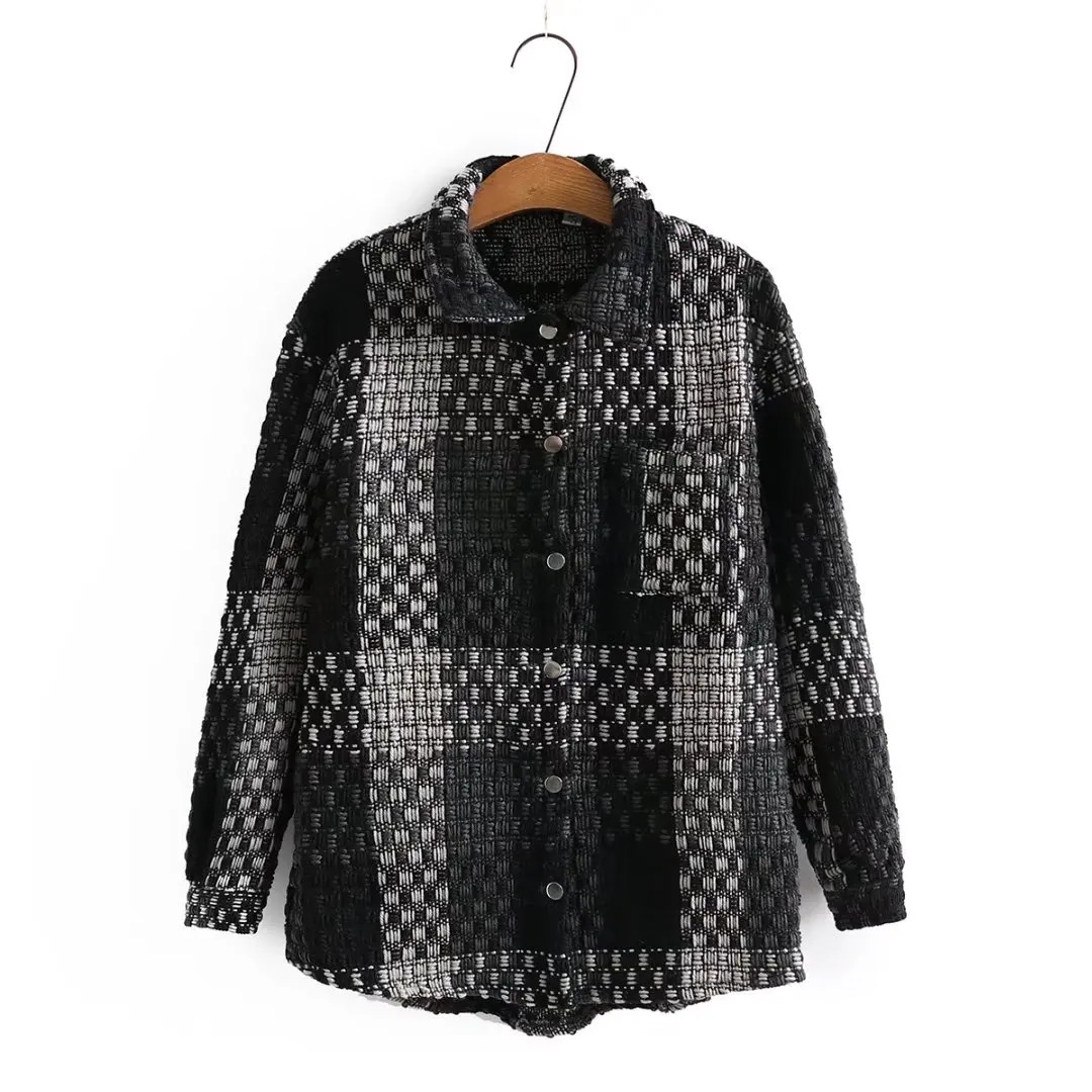 

Plus size Women's spring autumn jacket 2022 turn-down collar black navy plaid Women's clothing Patch designs Women's outerwear