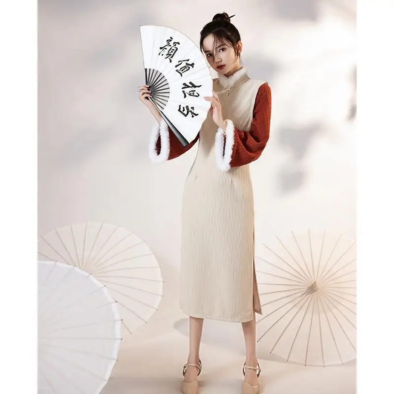 

Новинка 2021, зимнее плюшевое утепленное длинное платье с длинным рукавом для молодых девушек, платье для осени и зимы