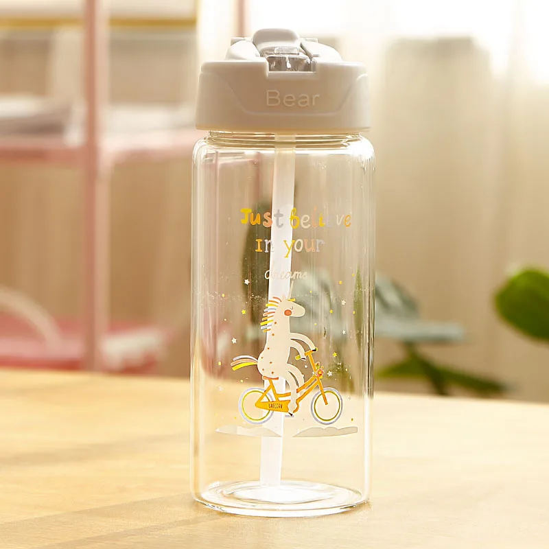 400ml Gray Стеклянная бутылка для воды с единорогом для детей с соломинкой и откидной крышкой для девочек Герметичная Бутылка для путешествий BPA Бесплатно 300 мл, 400 мл - Цвет: 400ml Gray