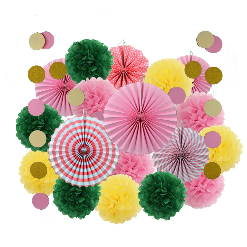 

19pcs/Set Baby Girl Boy Shower Party Favor Hanging Paper Crafts Wedding Birthday Decor Pink/Blue/Yellow/Purple Paper Fan Pom pom