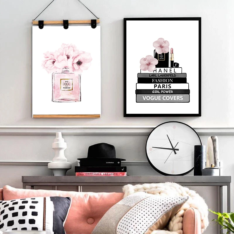Современная модная книга флакон духов Картина на холсте розовые цветы постер