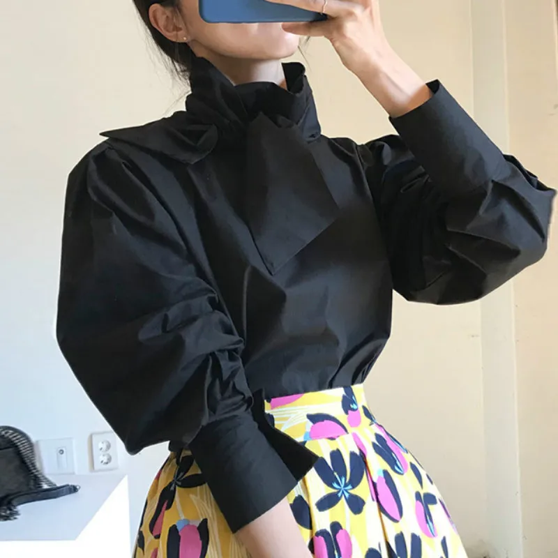 

Chic Solid Color Lace Up Stand Collar Women Blouses Puff Sleeve Pullovers Elegant Shirts Office Lady Fashion Tops Blusas
