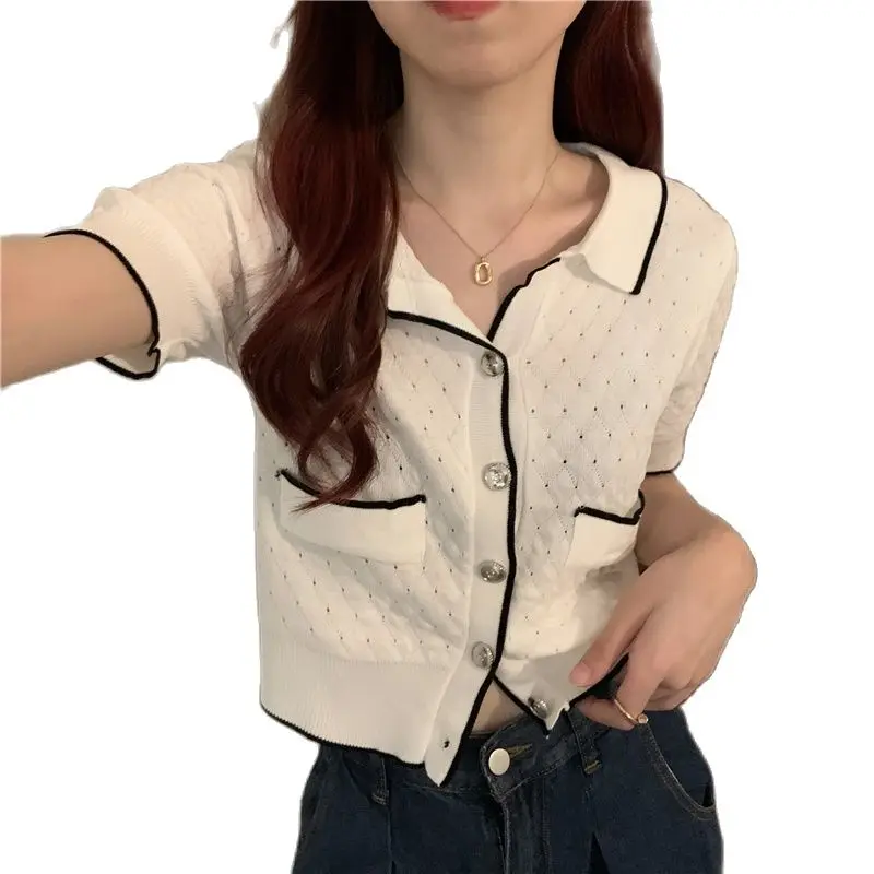 

Модный вязаный кардиган в Корейском стиле; Новинка 2021 года; Сезон лето; Тонкий вязаный свитер с короткими рукавами и отложным воротником