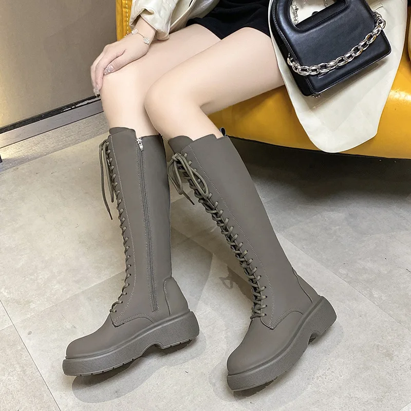2021Winter Shoes For Women Platform Martin Boots Autumn Fashion Thick Bottom Slim Fit With  Mid -Calf  Lady Botas De Mujer