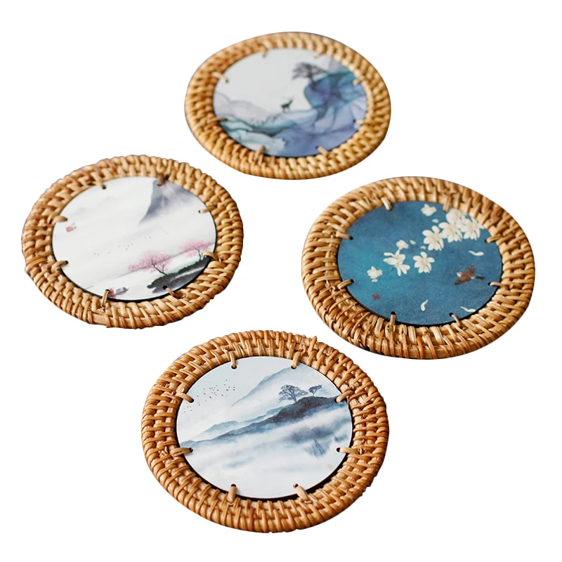 

2PCS/Lot Tea Cup Mat Rattan Insulation Mats Kung Fu Teaware Accessories Tea Party Decoration Cups Holder Printed Coaster Crafts