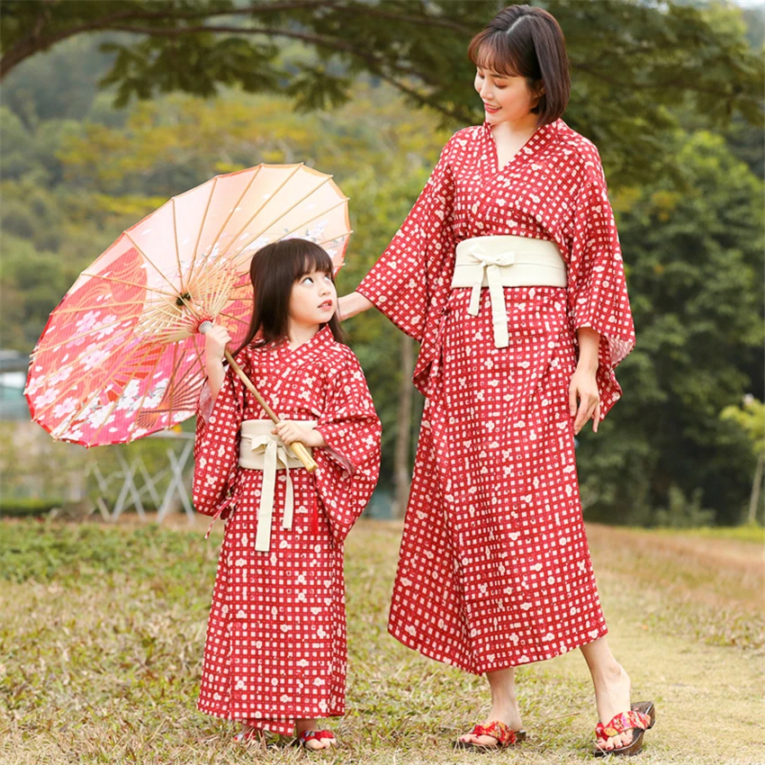 

Red Print Japanese Kimono Mother&Daughter Kimono Cardigan Traditional Japanese Yukata Sexy V-neck Daily Wear Outerwear