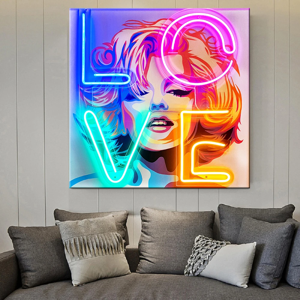 

Beauty Woman Love Neon Art Posters And Prints Abstract Colorful Girl Canvas Paintings On The Wall Art Pictures Wall Decoration