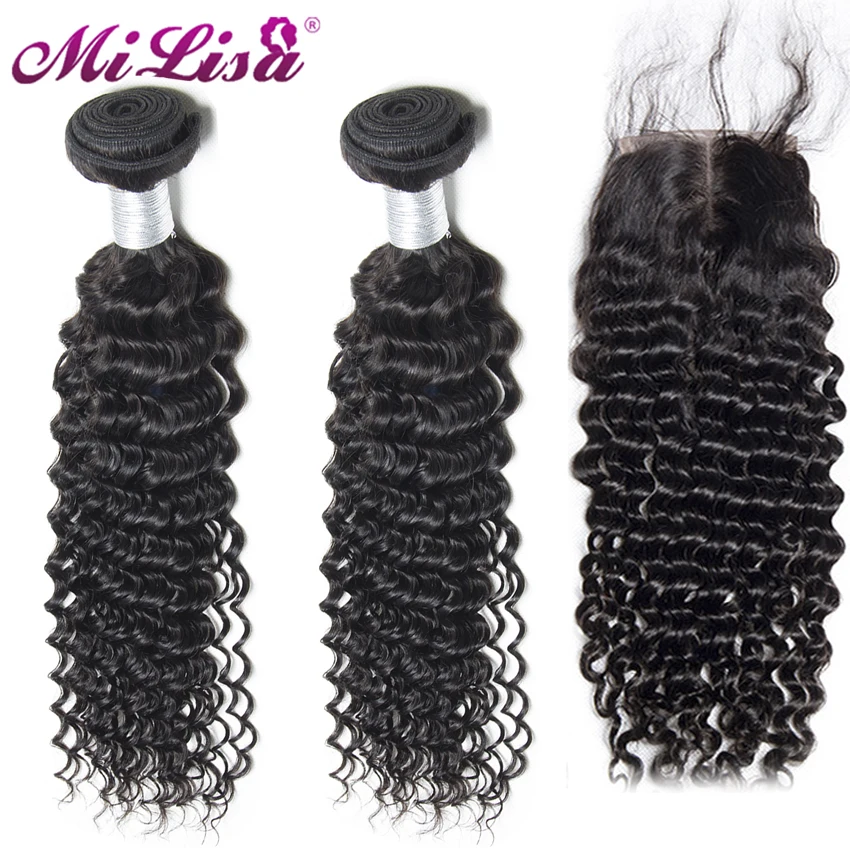 Brazilian Hair Weave Bundles With Closure 4 Human Mi Lisa Remy Middle Part Lace Deep Wave Bundle | Шиньоны и парики