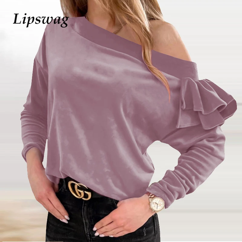 Блузка женская бархатная с открытыми плечами и длинным рукавом бабочкой|Блузки| |