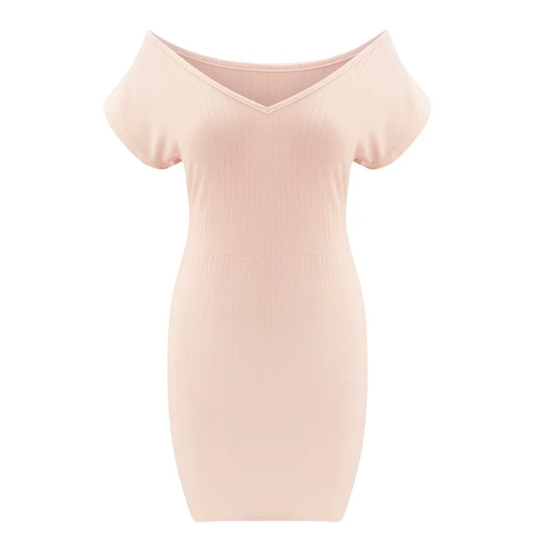 

Fashion Women Summer Solid Color Pencil Dress Patchwork Design V-Neck Short Sleeve High Waist Slim Hips Mini Dress