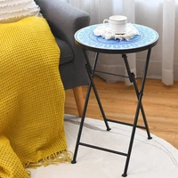14 Inch Round Ceramic Tile Top End Table Exquisite Mosaic Pattern Sturdy Steel Frame Living Room Side Table Garden Coffee Table