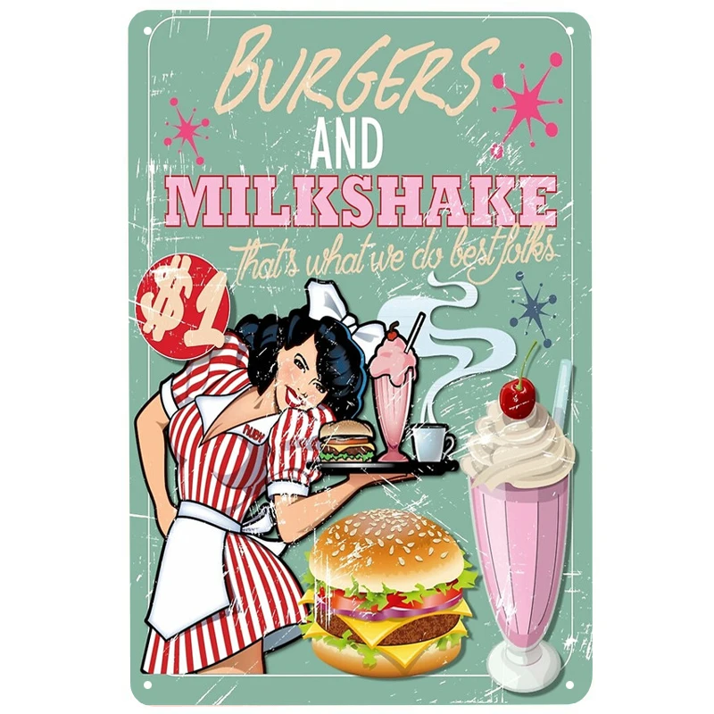 

Burgers and Milkshakes printed Metal Signs Retro Tin Signs Funny Poster Decor for Bar Pub Club Decoration for Living Room Home