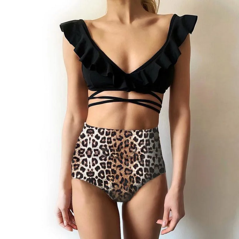 Женский бандажный купальник бикини с высокой талией и оборками Леопардовый