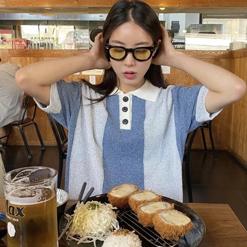 

Summer Woman Loose Hit Color Spliced Fashion Designed Knitted T-Shirt Female Casual High Version Tee Ladies New Slim Tops ML172