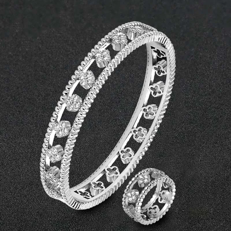 silver white Zlxgirl, роскошный бренд, простой AAA кубический циркон, браслет и кольцо, ювелирный набор, свадебный браслет, Пара подарков, Сумка - Окраска металла: silver white