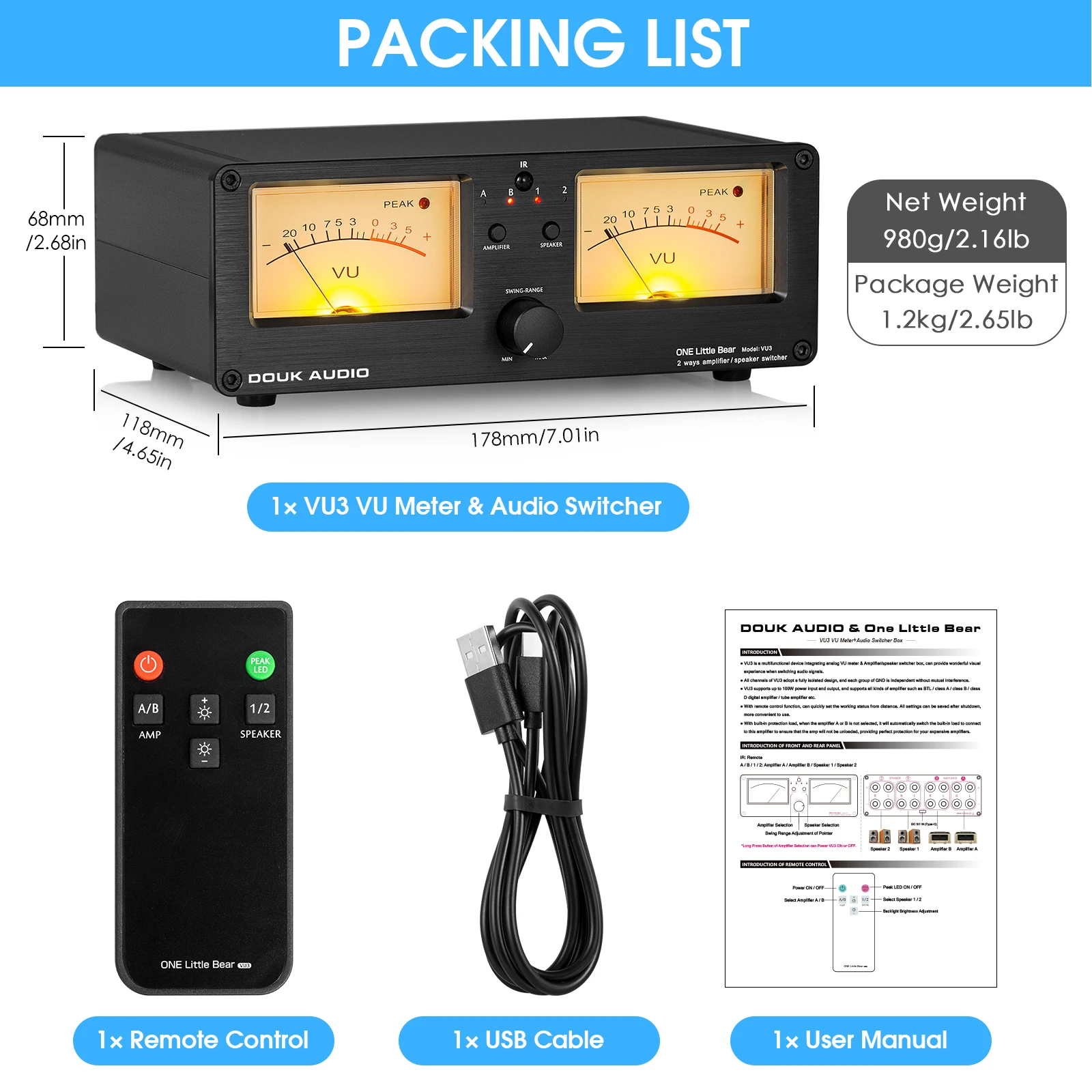 Douk Audio Dual Analog VU Meter Sound Level DB Panel Display 2-way Amplifier / Speaker Switcher Box Selector W/ Remote Control |