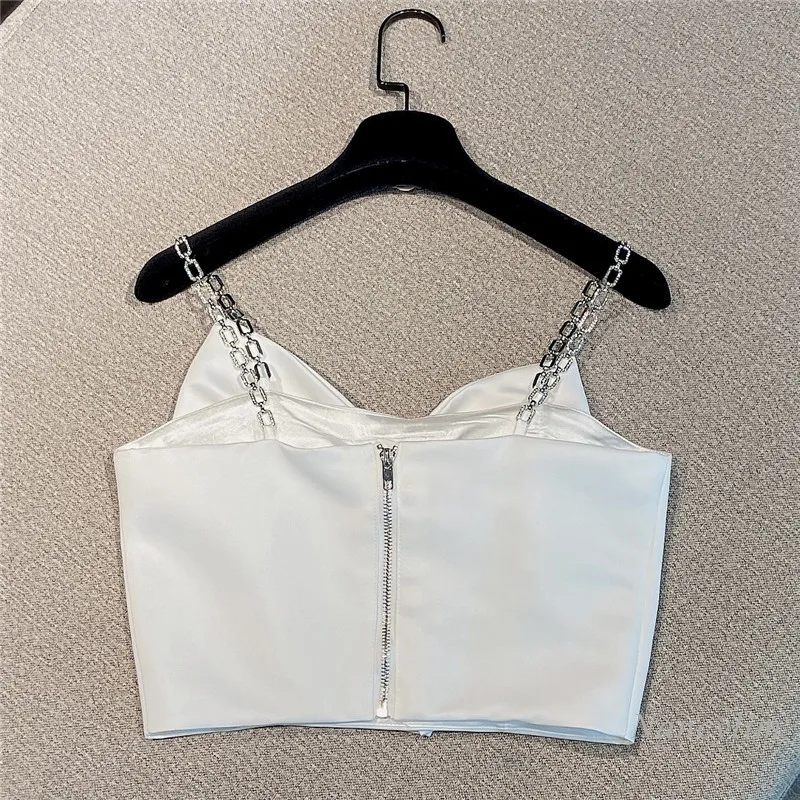 Bow Camisole Women 2021 Summer New Three-Dimensional Bow Design Sexy Rhinestone Chain Sling Short Tank Top White Black
