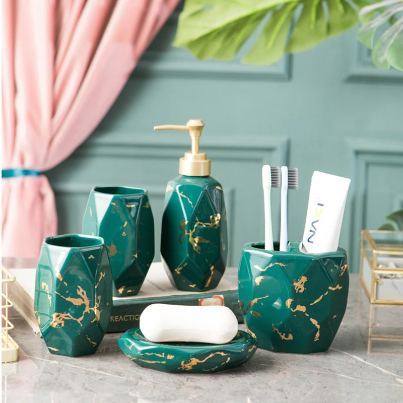 

Dark Green Diamond Pattern Ceramic Bathroom Accessories Nordic Toothbrush Holder Cups Soap Dispenser Marble Bathroom Set