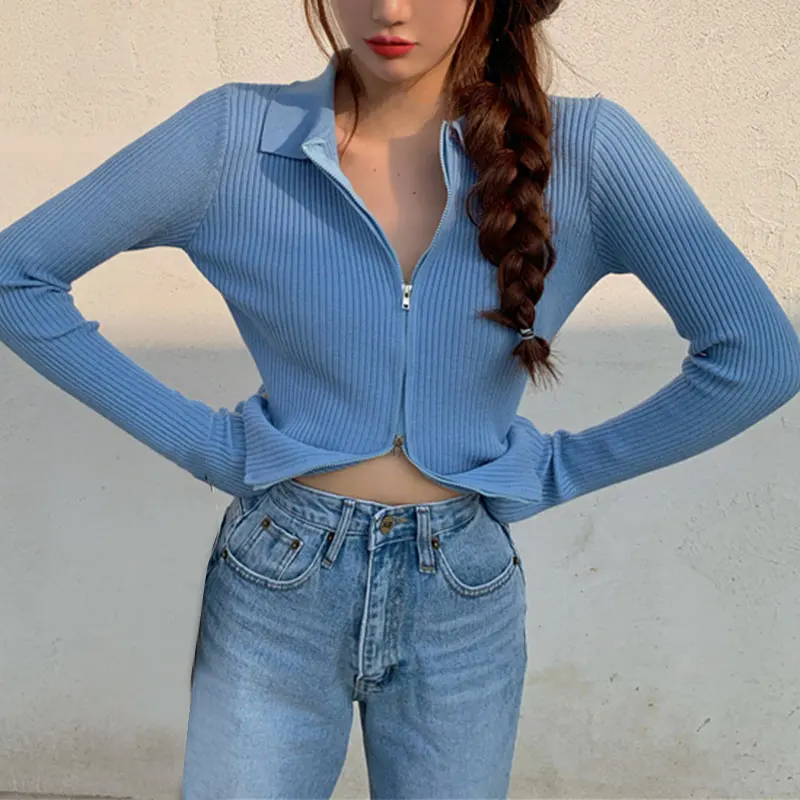 Женский трикотажный кардиган на молнии уличный свитер в рубчик с отложным