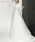 Винтажные свадебные платья, простые тюлевые свадебные платья 2022, а-силуэт, Глубокий круглый вырез, длинный рукав, низкая цена, платье невесты с открытой спиной для невесты