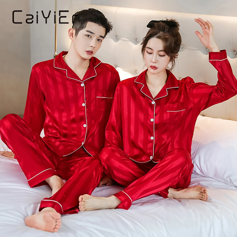 CAIYIER Couples Pajamas Set Women Men Silk Satin Sleepwear Long Sleeve + Pants Nightwear Casual Winter Stripe pyjama Loungewear