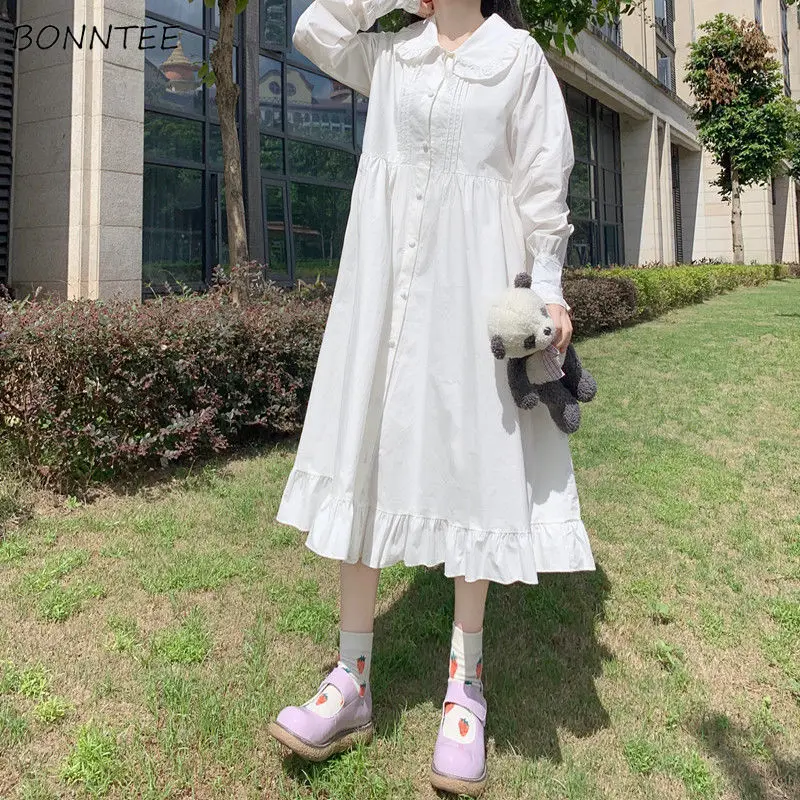 

A-line Dress Women Solid Peter Pan Collar Autumn Student Long Sleeve Simple Fashion College Feminino Vestidos Ulzzang Loose Chic