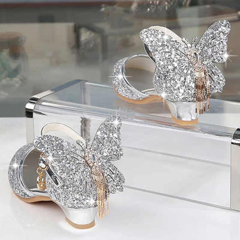 

Girls Sandals Spring Autumn Butterfly Tassel Fashion Children High Heels Shoe Kids Princess Crystal Sequin Glitter Sandals