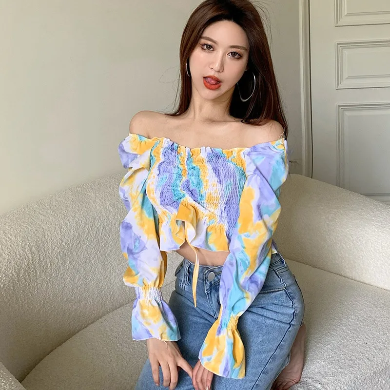 

Jlong Summer Shirts Printed Blouses Women Sexy Slash Neck Chiffon Shirt Long Sleeves Sweet Blouse