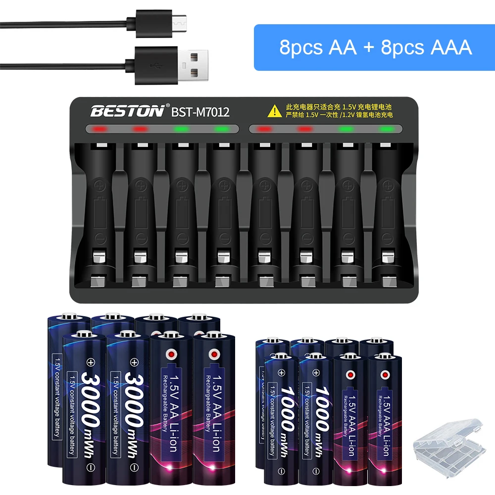 

AJNWNM 1.5V AA Li-ion Rechargeable Battery AA 3000MWH + 1.5v Li-ion AAA Rechargeable Batteries 1000mwh For Torch Toys Clock MP3