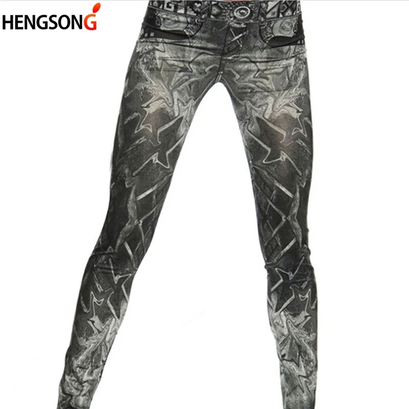 

New Slim False Imitation Jeans Fitness Leggins Women Denim Leggings Nine Pants Leggings Black One Size