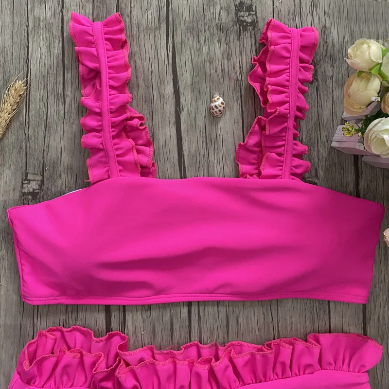 Сексуальный купальник женское бикини с высокой талией однотонный неоновый ярко